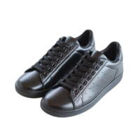 Pair of sleek black leather sneakers with minimalist design, featuring perforated side details and black laces, perfect for casual or formal wear png