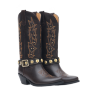 Dark brown cowboy boots with intricate embroidery and decorative buckles, showcasing classic Western style. boots feature pointed toe and low heel, ideal for both fashion and function png