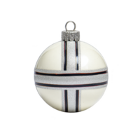 White Christmas ornament with silver and black stripes, featuring metallic cap and loop for hanging, is displayed against plain background. design is simple yet elegant png