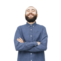 Bearded man in blue patterned shirt stands with arms crossed, smiling joyfully against plain background. His expression conveys happiness and confidence png