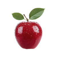 Fresh red apple with water droplets and green leaves on transparency background, showcasing its vibrant color and natural texture png