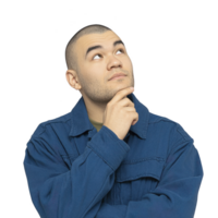 Thoughtful person in blue jacket looks upward with hand on their chin, conveying curiosity and contemplation. background is plain, emphasizing individual expression png