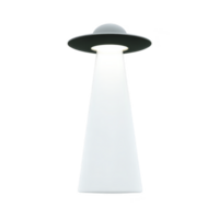 Modern UFO shaped lamp emits bright, focused beam of light, resembling classic flying saucer. sleek design combines futuristic aesthetics with functional lighting, perfect for contemporary png