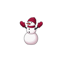 Cheerful snowman with red hat, scarf, and mittens raises its arms in joy. snowman is made of three snowballs and has carrot nose and coal buttons png