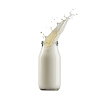 Glass bottle of milk with splash effect, isolated on transparency background, captures freshness and motion of liquid. image highlights purity and simplicity of milk png