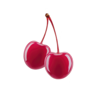 Two vibrant red cherries with stems are depicted against plain background, showcasing their glossy texture and fresh appearance png