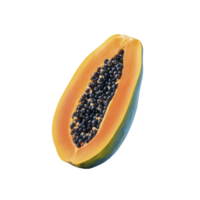 Ripe papaya is sliced in half, revealing its vibrant orange flesh and numerous black seeds. fruit smooth texture and rich color make it visually appealing and appetizing png