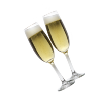 Two champagne flutes filled with bubbly champagne are tilted together, symbolizing celebration and joy. golden liquid sparkles with bubbles, creating elegant and festive atmosphere png