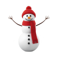 Cheerful snowman with red scarf and hat, featuring stick arms and carrot nose, stands against transparency background, evoking festive winter atmosphere png