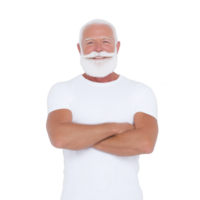 Elderly man with white beard and mustache, wearing white t shirt, stands confidently with arms crossed against plain background. His expression is calm and content png