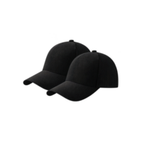 Two black baseball caps are placed side by side, showcasing simple and classic design. caps have curved brim and adjustable strap at back, suitable for casual wear png