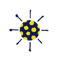 Playful illustration of sun with blue circle and yellow polka dots, featuring simple rays extending outward. design is whimsical and colorful, evoking sense of fun and creativity png