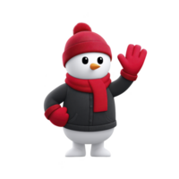 Cute snowman wearing red hat, scarf, and gloves waves cheerfully. snowman is dressed in black jacket, creating cozy winter look png