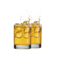 Two glasses filled with amber liquid and ice cubes, splashing energetically, create refreshing and lively scene. transparent glasses highlight vibrant color of drink png