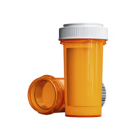 Two orange prescription pill bottles with white caps are displayed, one standing upright and other lying on its side. bottles are empty, highlighting their translucent design png