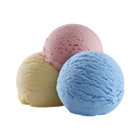 Three colorful ice cream scoops in pink, yellow, and blue are arranged in triangle, showcasing variety of flavors. smooth texture and vibrant colors create appetizing and playful appearance png