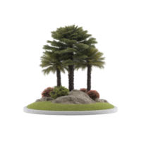 Small landscaped garden features cluster of palm trees and coniferous trees surrounded by rocks and colorful shrubs, creating serene and natural setting png