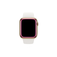 Sleek smartwatch with gold case and white band, featuring black screen with pink border, is displayed against transparency background. design is modern and stylish png