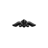 Ornate black decorative element with symmetrical design featuring central shell motif and curved flourishes, ideal for embellishing furniture or architectural details png