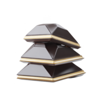 Three stacked pieces of dark chocolate with glossy finish and gold accents create luxurious and indulgent appearance. geometric shapes add modern touch to presentation png