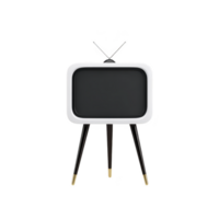 Retro style television with white frame and black screen stands on three legs, featuring antenna on top. design evokes sense of nostalgia and vintage charm png