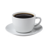 White ceramic cup filled with black coffee sits on matching saucer, isolated on transparency background. simple and elegant design highlights rich, dark beverage png