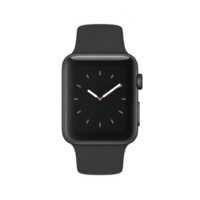 Sleek black smartwatch with minimalist design and digital clock face, featuring smooth silicone strap and rectangular display. watch is set against plain transparency background png