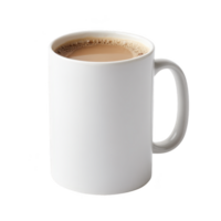 White ceramic mug filled with frothy coffee sits against plain background, showcasing simple and minimalist design. mug smooth surface and classic shape make it ideal for hot beverages png