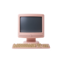 Retro pink computer with matching keyboard evokes nostalgia. vintage design features classic monitor and beige keys, blending old school charm with pastel aesthetic png