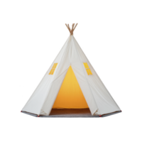 White teepee tent with warm yellow interior and small window openings stands on plain background, evoking sense of adventure and coziness png