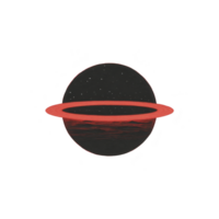 Dark planet with red ring and starry background creates mysterious cosmic scene. red ring contrasts with dark planet, evoking sense of wonder and exploration png