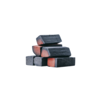 Charcoal pieces stacked together, showing dark, textured surface with hints of red glow, suggesting heat. arrangement is isolated on transparency background, emphasizing contrast png