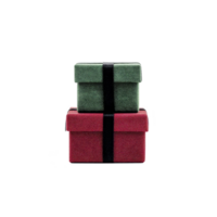 Two stacked gift boxes, one green and one red, are tied with black ribbon, creating festive and elegant presentation. boxes are textured, adding touch of sophistication to holiday theme png