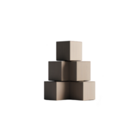 Four stacked cardboard boxes are arranged in pyramid shape, casting soft shadows on plain background. boxes are uniform in size and color, creating minimalist and organized appearance png