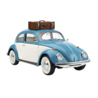 Vintage blue and white car with brown suitcase on roof, evoking sense of nostalgia and adventure. classic design and color scheme highlight its retro charm png