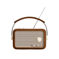 Vintage style radio with wooden frame and metal antenna evokes nostalgia. design features striped front panel and classic knobs, blending retro aesthetics with functionality png