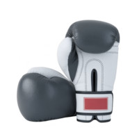 Pair of black and white boxing gloves with red label, showcasing sleek and professional design. gloves are positioned with one upright and other lying down, highlighting their texture png