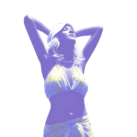 Woman vibrant, artistic style poses confidently with her arms raised, wearing bikini and sarong. image features unique color palette with purple and yellow tones, creating striking visual effect png