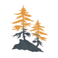 Two stylized pine trees with orange and gray hues stand on rocky base, creating serene and artistic nature scene. illustration captures peaceful, natural atmosphere png
