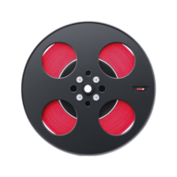 Large black film reel with vibrant red tape is displayed against transparency background, showcasing classic and bold design png