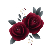 Two elegant dark red roses with gray leaves and small decorative berries create sophisticated floral arrangement. contrast between deep red petals and muted gray foliage adds touch of drama png