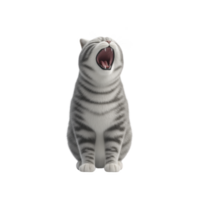 Yawning gray tabby cat with closed eyes sits contentedly, showcasing its striped fur pattern and relaxed posture against plain background png
