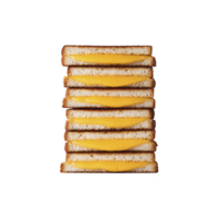 Stack of grilled cheese sandwiches with melted cheese oozing between slices of toasted bread, isolated transparency background. golden cheese contrasts with crispy brown bread, creating png