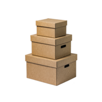 Three stacked cardboard boxes of varying sizes with lids, featuring simple and practical design, ideal for storage or moving purposes. boxes have natural brown color and textured surface png