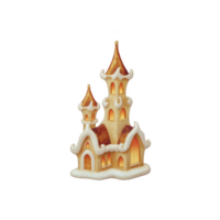 Whimsical gingerbread house with snow covered roofs and warm glowing windows creates cozy holiday atmosphere. intricate design features two towers and detailed icing decorations png