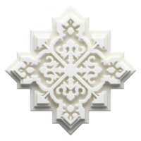 Ornate white geometric design with intricate patterns and symmetrical shapes, resembling decorative tile or emblem. design features layered textures and central motif, creating sense of depth png