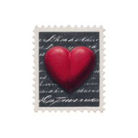 Red heart shaped stamp with textured design is set against transparency background with cursive writing, symbolizing love and affection. stamp perforated edges add classic touch png