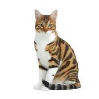 Bengal cat with striking brown and black markings sits gracefully, showcasing its sleek fur and alert expression. cat green eyes and distinctive pattern highlight its exotic appearance png