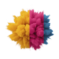 Vibrant explosion of colored powder, featuring yellow, magenta, and cyan hues, creates dynamic and energetic visual. colors blend seamlessly, forming striking contrast png
