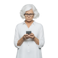 Elderly woman with white hair and glasses using smartphone, wearing white shirt, isolated on transparency background. She appears focused and engaged with device png